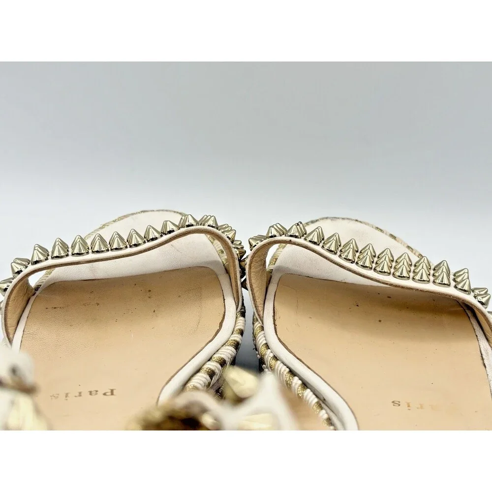 Christian Louboutin Madmonica 60 White Leather Gold Spike Wedge Espadrille EU 37